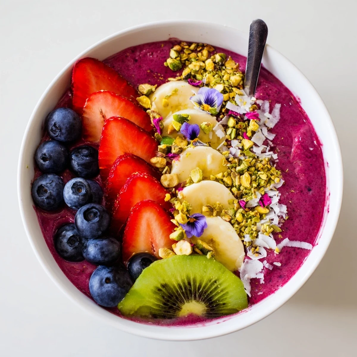Vibrant smoothie bowls with creamy purple yam and fresh fruit toppings.  