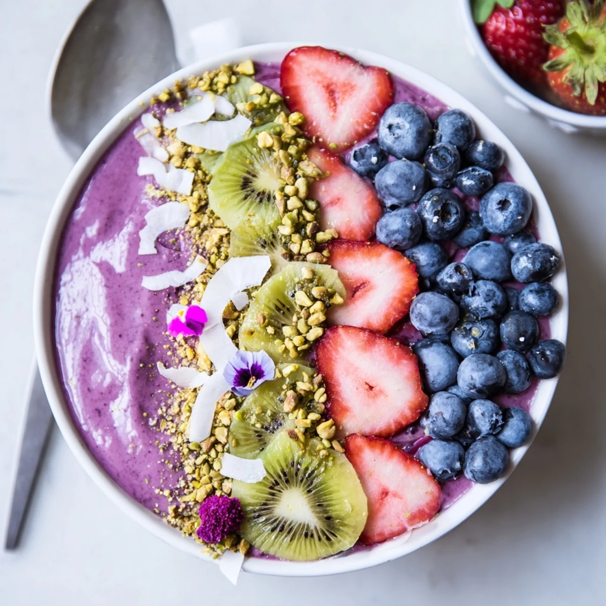 Colorful smoothie bowls featuring pistachio and fruit, perfect for breakfast.  