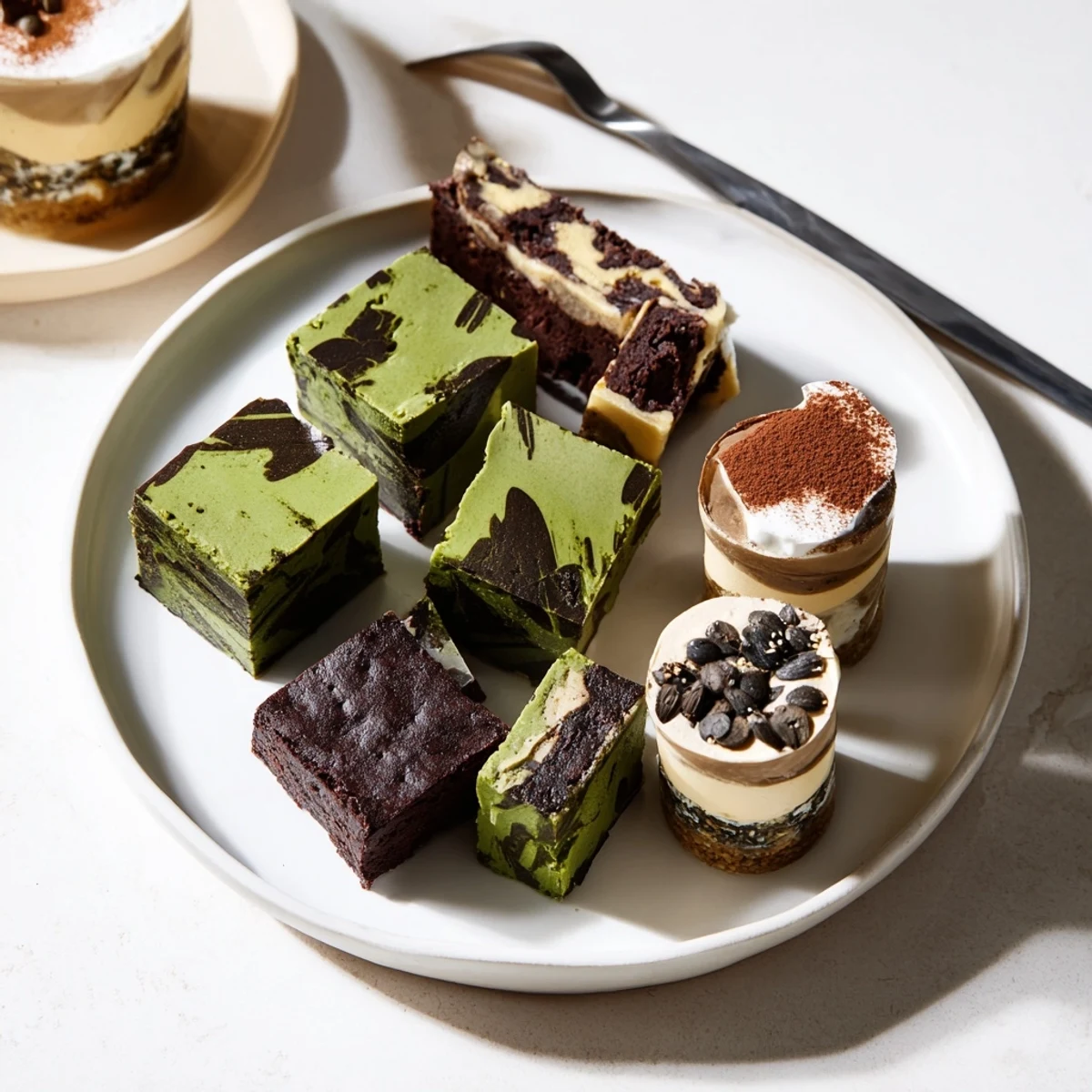 Delicious matcha-miso brownies topped with a rich chocolate glaze, ready to enjoy.