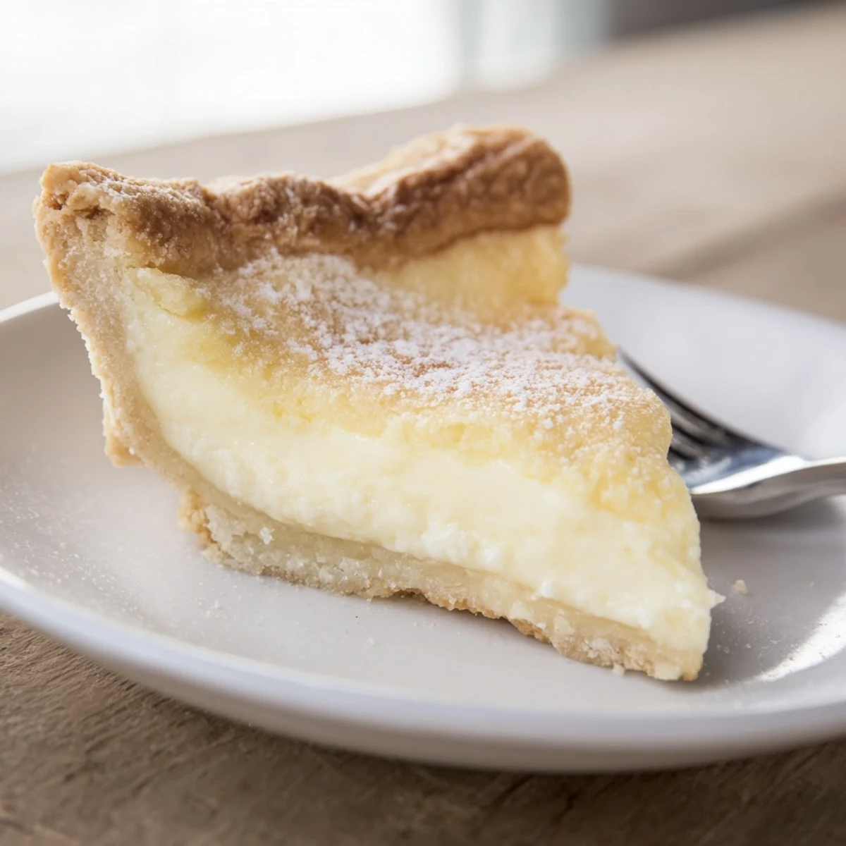 Creamy water pie fresh from the oven, topped with a golden crust and vanilla.  