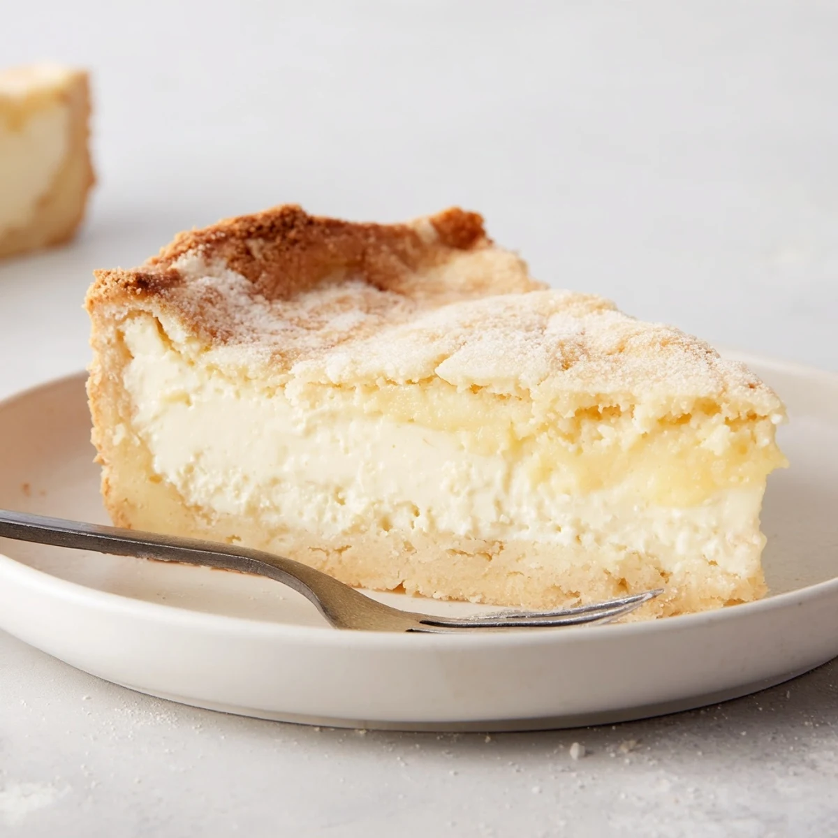 Sliced water pie served cold, showcasing its custard-like filling and crisp crust.  