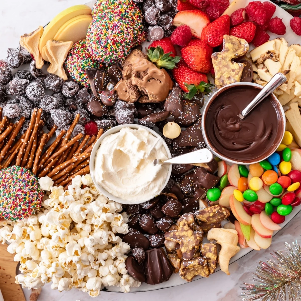 Visually stunning dessert board showcasing candies, fruits, and chocolate-dipped pretzels.