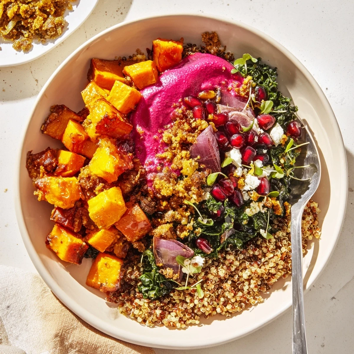 Comforting Spiced Winter Bowl adorned with fresh greens, pomegranate seeds, and nutty flavors.