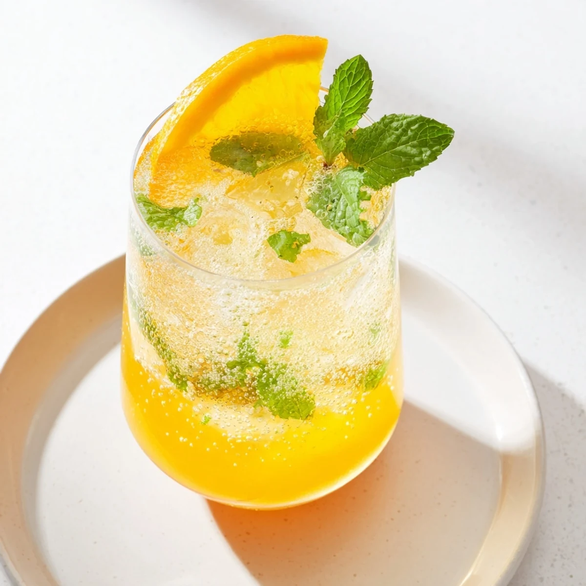 Homemade probiotic soda mocktail served over ice, garnished with fresh orange slices.  