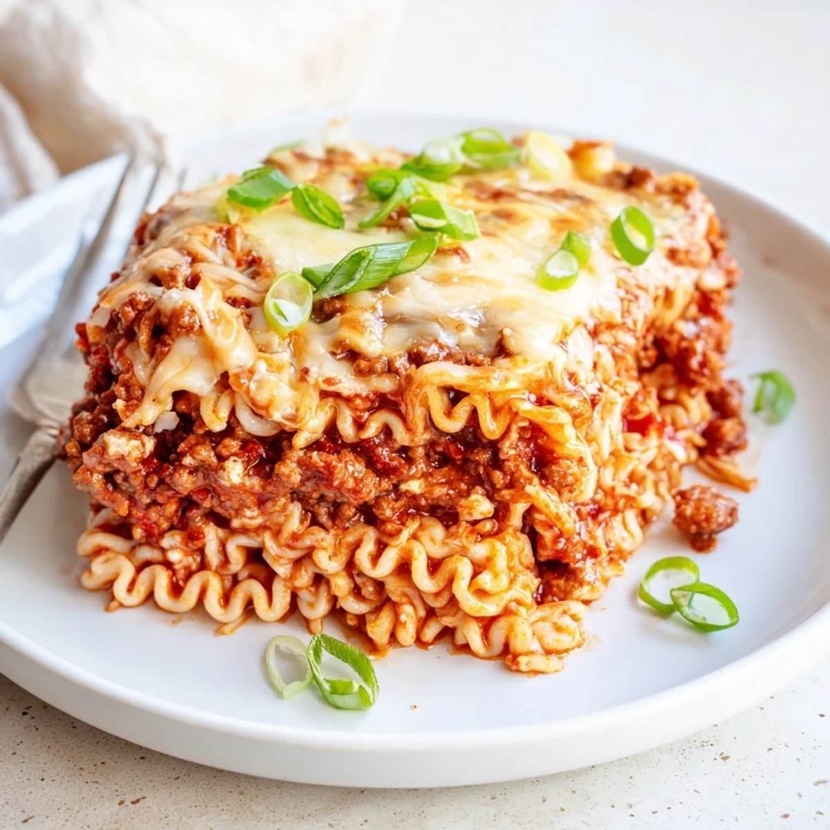 Spicy Ramen Lasagna stacked with flavorful layers of pork and gooey cheese.