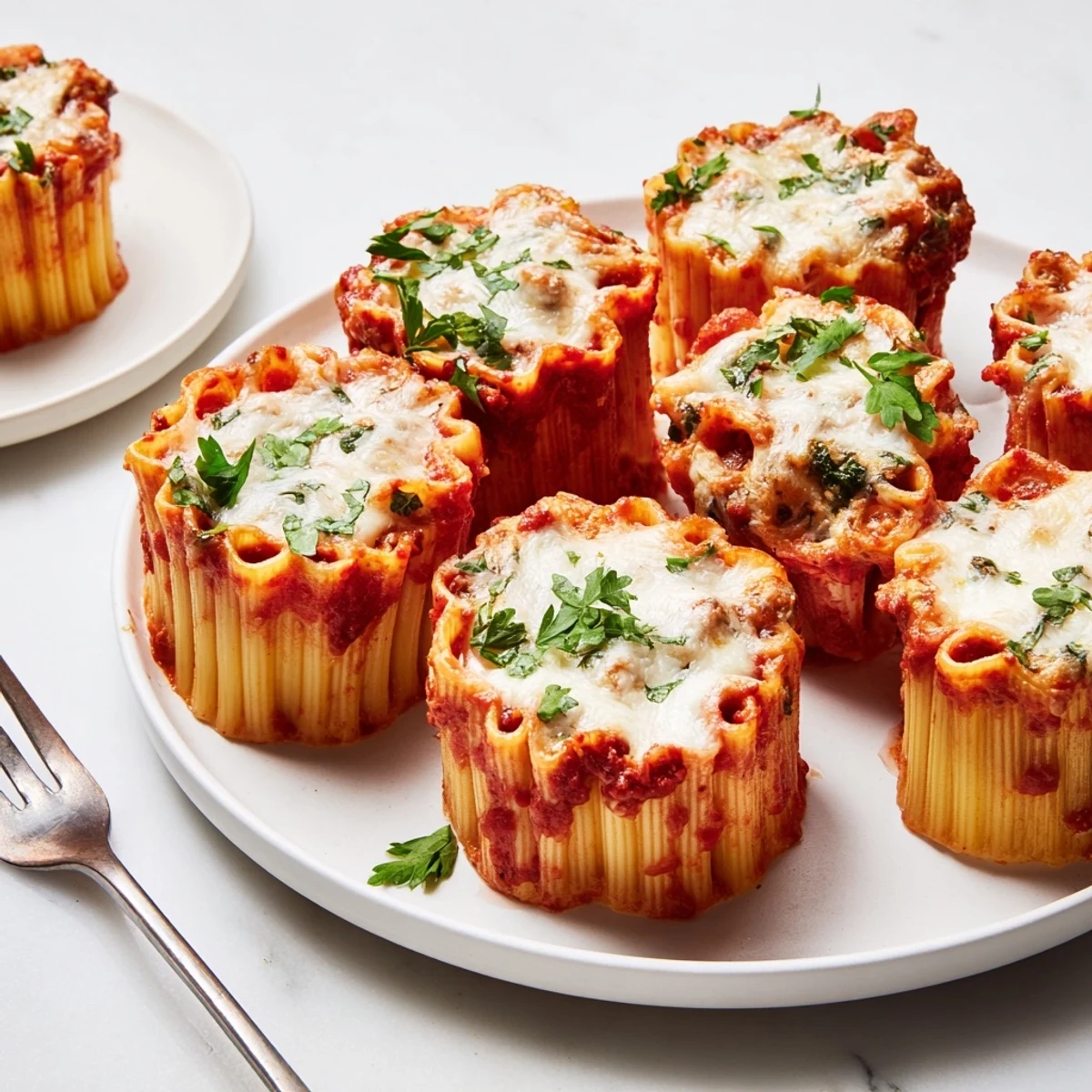Savory layers of Honeycomb Pasta Cake topped with bubbling mozzarella and Parmesan cheese.  
