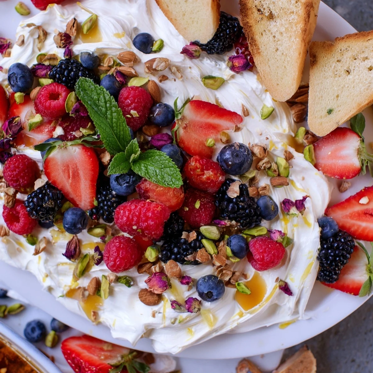 Whipped cream cheese butter board dessert topped with fresh berries and nuts.  