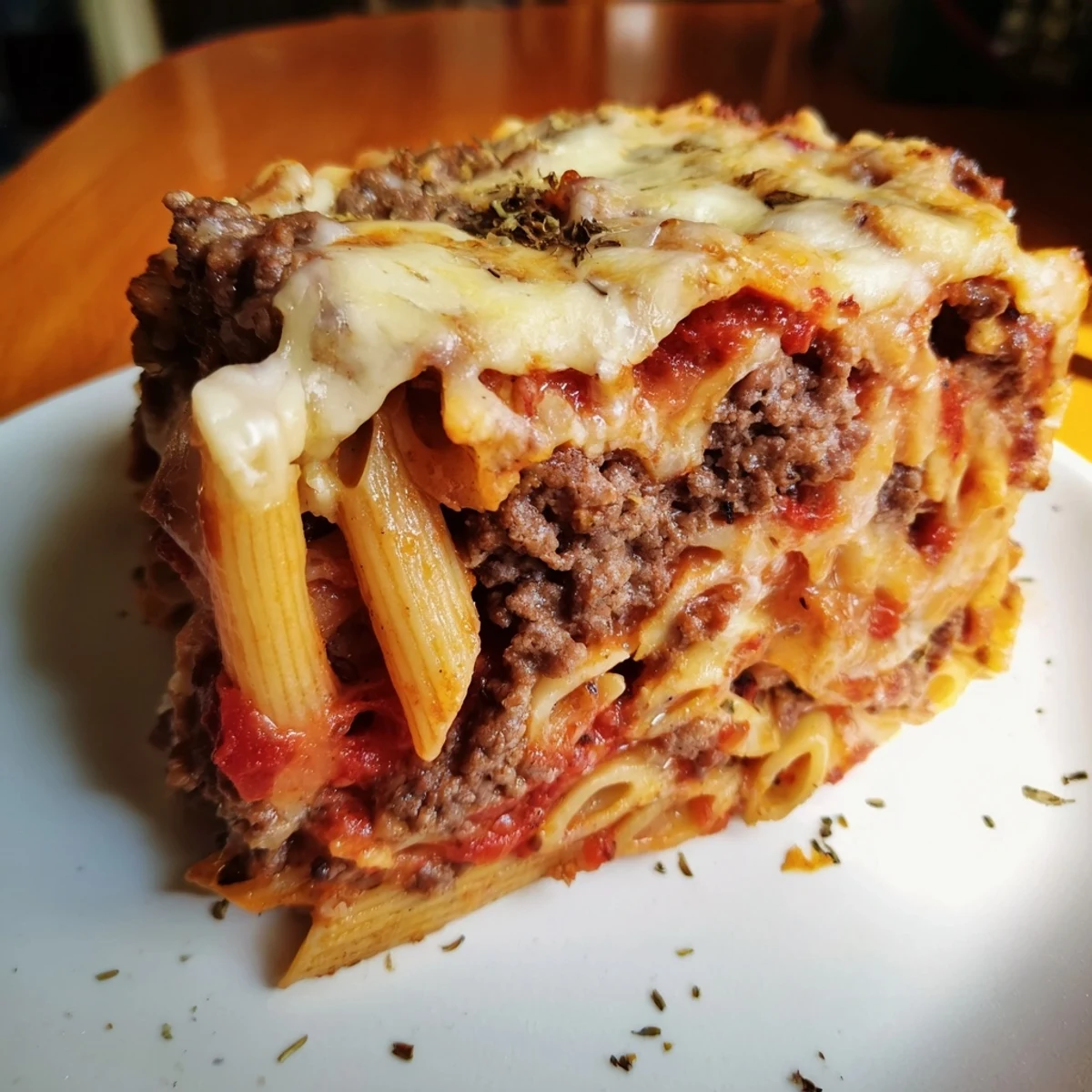 Savory Cheesy Beef & Penne Bake with golden, bubbling cheese topped to perfection.  