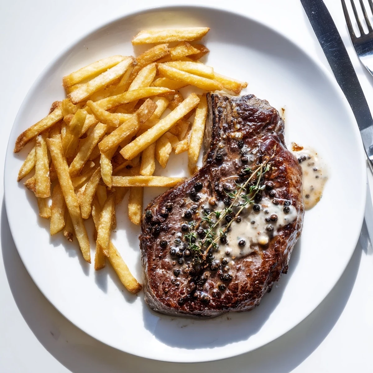 Juicy Classic Peppercorn Ribeye topped with creamy sauce, served with crispy fries.  