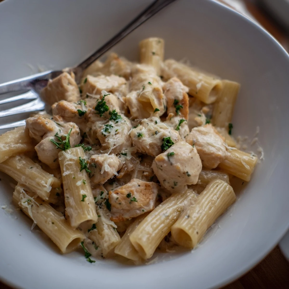 Creamy Garlic Parmesan Chicken Rigatoni topped with fresh parsley and extra cheese.