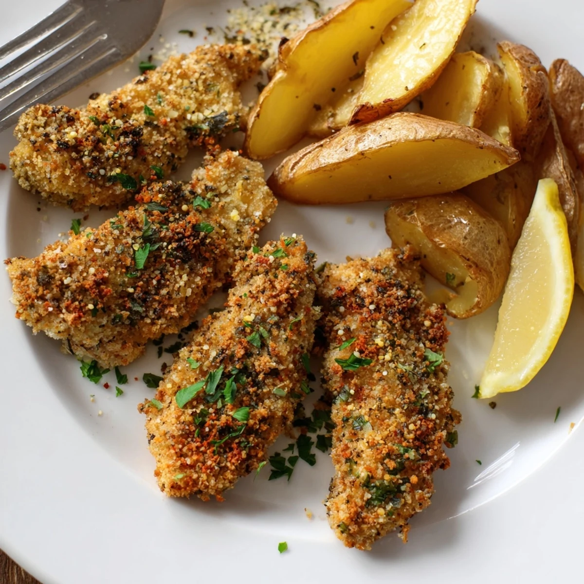 Golden-brown herbed chicken tenders paired with seasoned potato wedges for a delicious meal.  