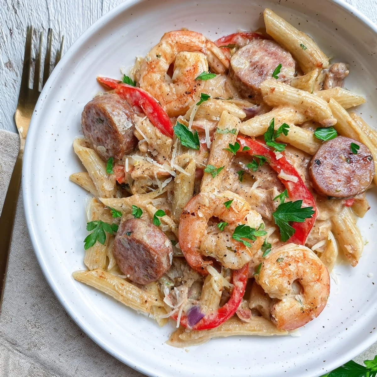 Creamy Cajun Sausage & Shrimp Alfredo Pasta Skillet garnished with fresh parsley and red peppers.  