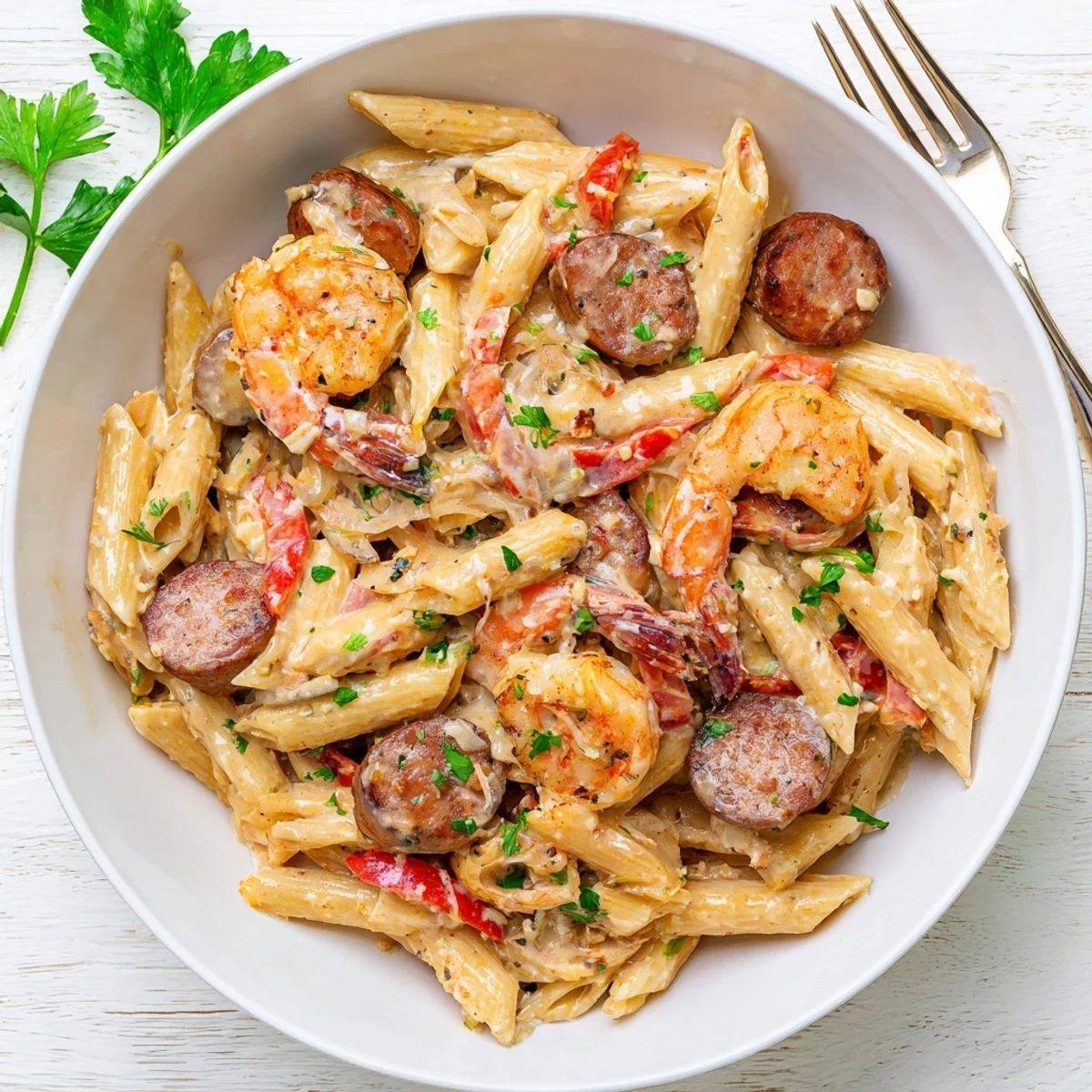 Delicious Cajun Sausage & Shrimp Alfredo Pasta Skillet served warm in a large skillet.  
