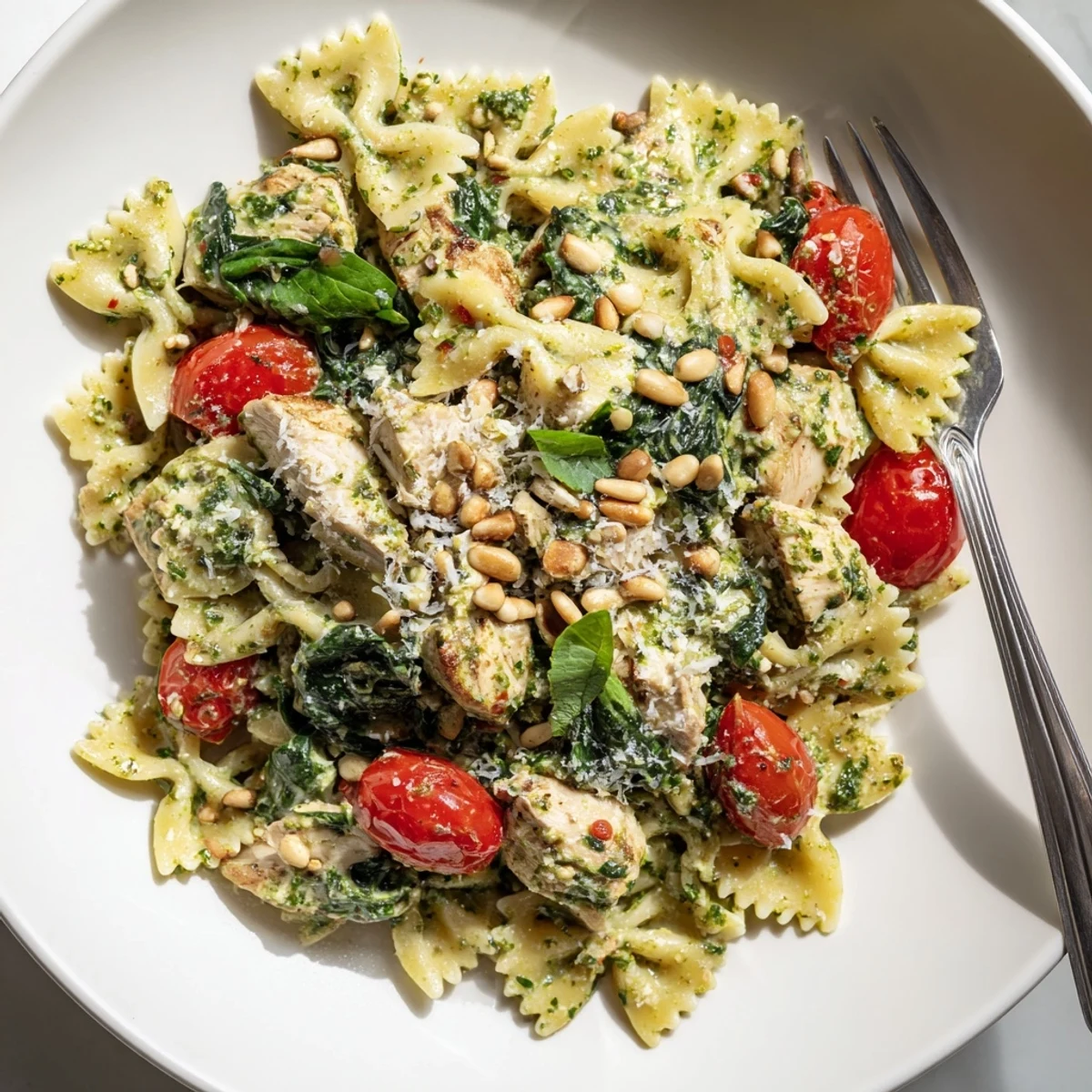 Pesto Chicken Bowtie Pasta sizzling in a skillet with vibrant creamy basil sauce.  