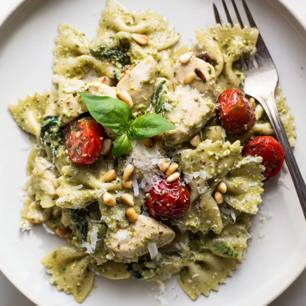 A comforting bowl of Pesto Chicken Bowtie Pasta, featuring tender chicken and spinach.