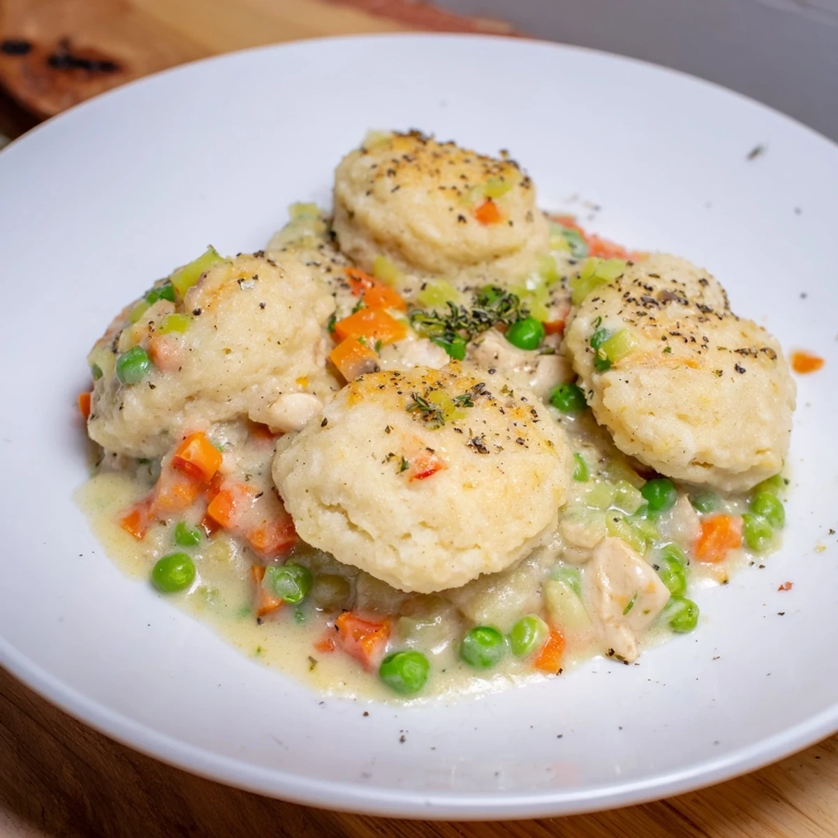 A creamy, savory Chicken and Dumplings Casserole with fluffy dumplings ready to be served.