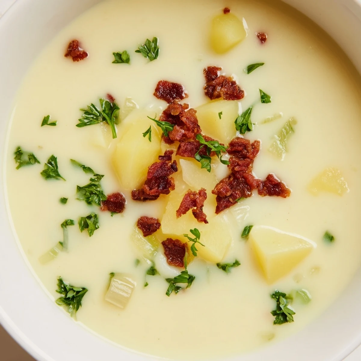Creamy Potato, Leek & Chorizo Soup with a vibrant red hue from the chorizo's oil.