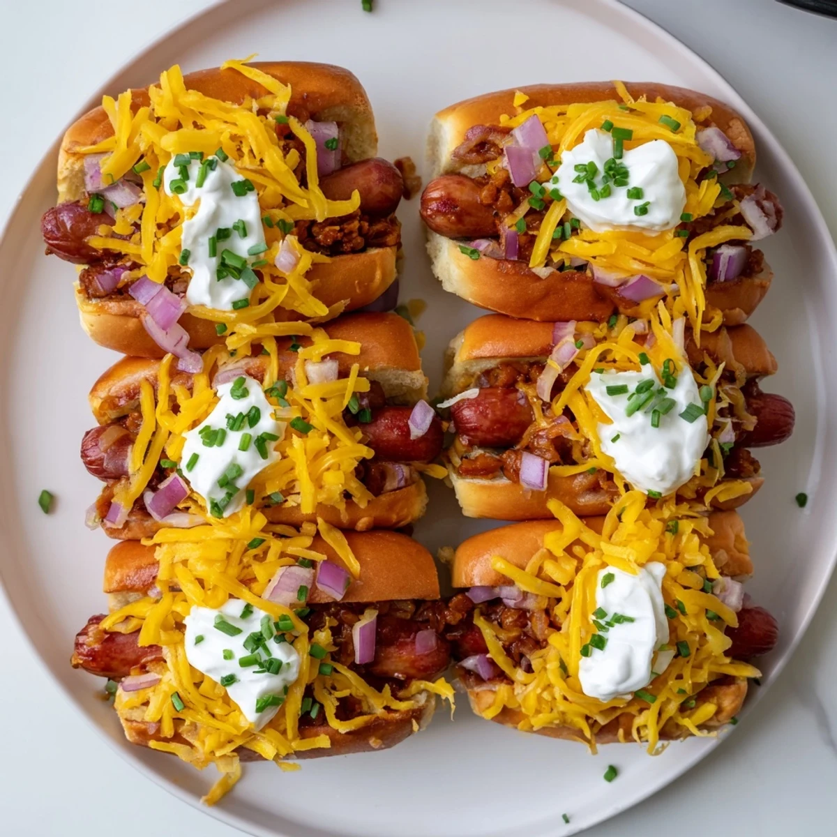 Warm, bubbly Chili Dog Casserole topped with melty cheese and fresh green chives, ready to serve.