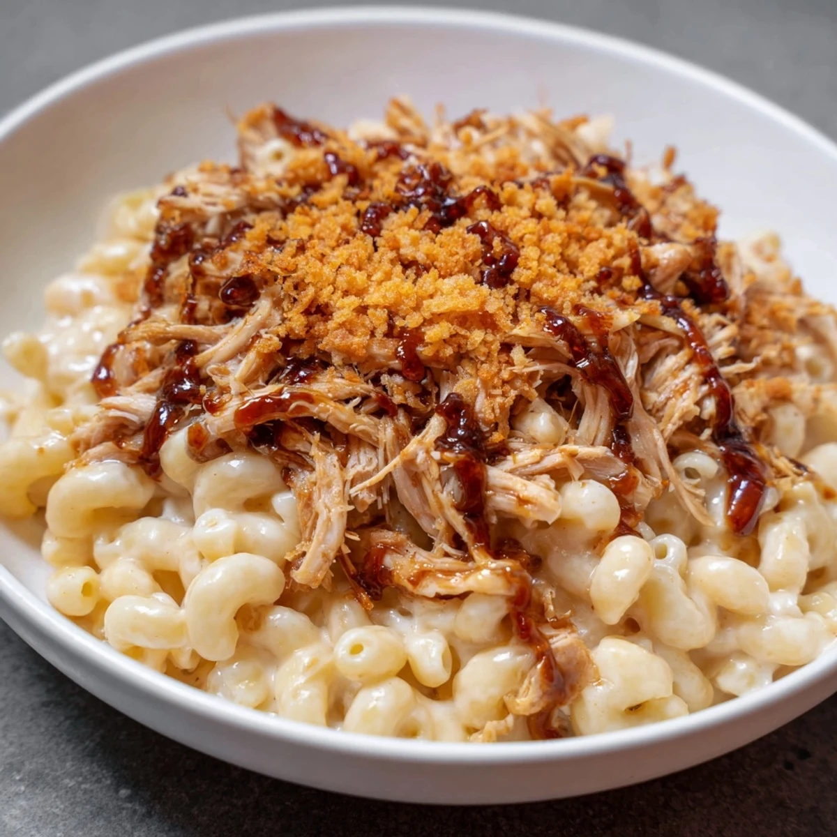Golden, bubbly Classic Mac & Cheese with BBQ Chicken, a family favorite brimming with cheesy goodness.