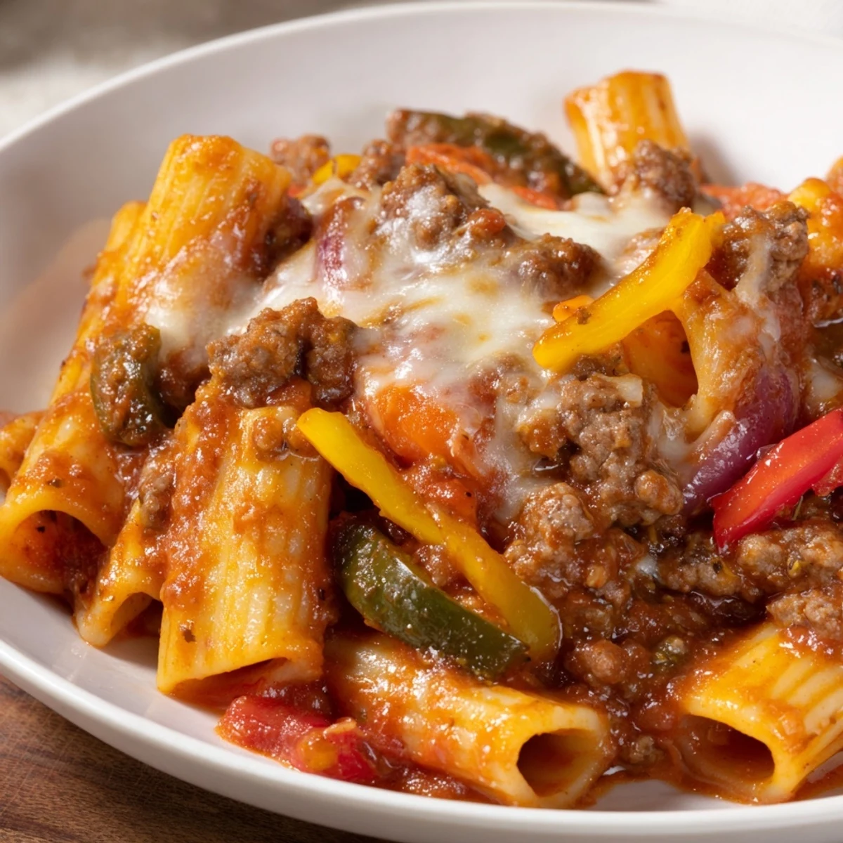 A close-up shot of steaming Baked Rigatoni with Sausage & Peppers, showcasing its savory sauce and melted cheese.
