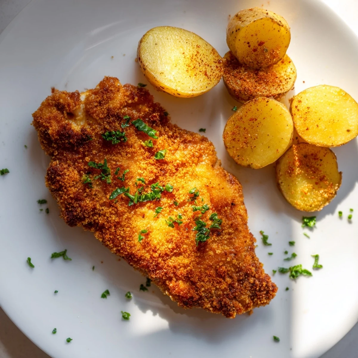 Golden, crispy Parmesan crusted chicken & potatoes, ready to enjoy with soft roasted potatoes and fresh parsley.