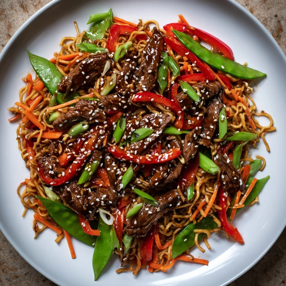 Steaming bowl of flavorful Teriyaki Beef & Noodle Bowl with sliced green onions and sesame seeds.