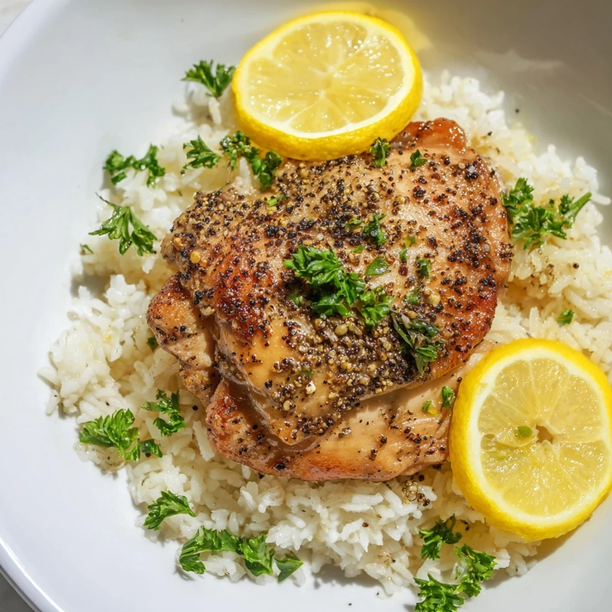 Golden-brown Lemon Pepper Chicken breasts resting on perfectly cooked rice, ready to enjoy.
