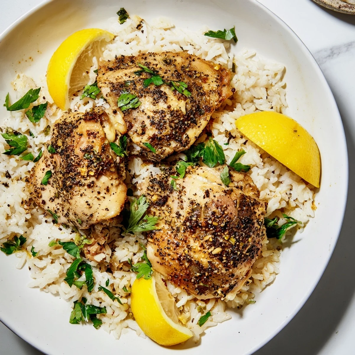 Juicy Lemon Pepper Chicken, glistening with herbs, served alongside fluffy white rice.