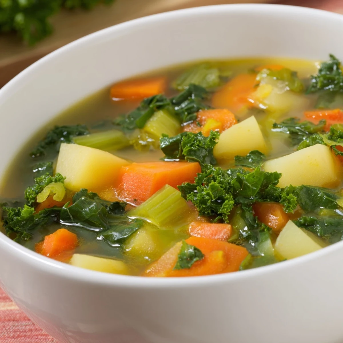 A close-up of hearty Vegetarian Potato-Kale Soup, garnished, ready to warm on a cold day.
