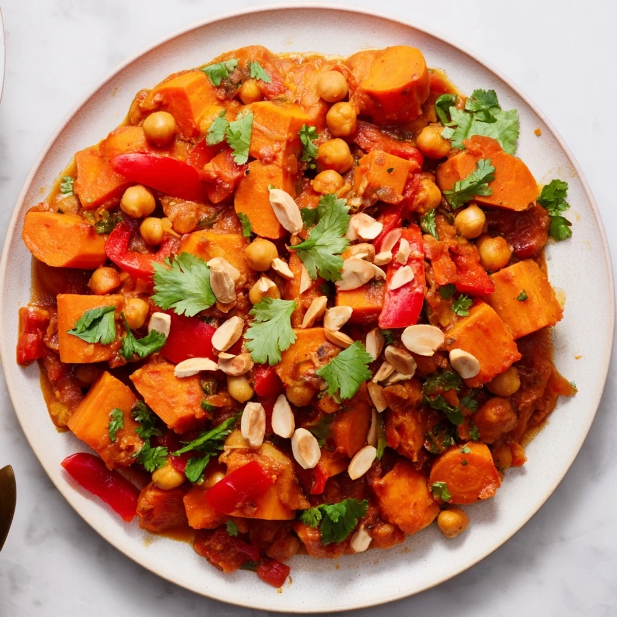 Steaming Moroccan Chickpea & Sweet Potato Tagine, a vibrant, spiced stew with delicious, tender vegetables, ready to serve.
