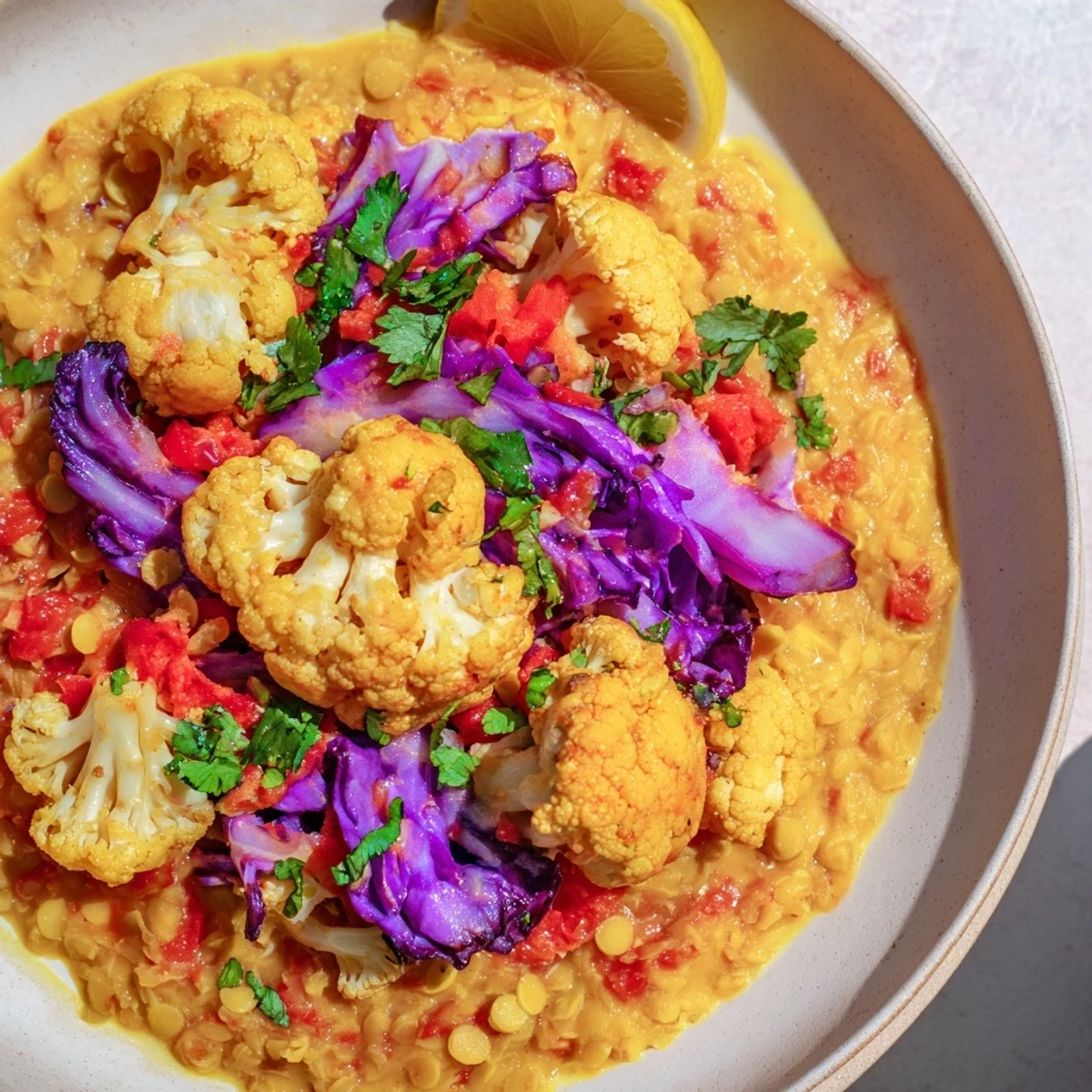 A close-up of creamy Red Cabbage, Cauliflower & Coconut Dhal garnished with fresh cilantro, ready to eat.