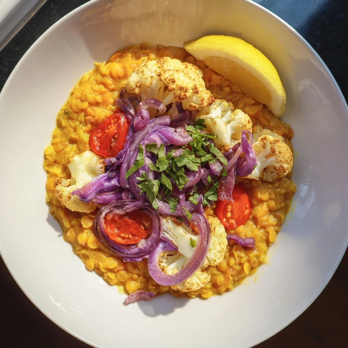 Vibrant red cabbage and cauliflower simmer in a coconut sauce: a hearty vegetarian dhal meal.