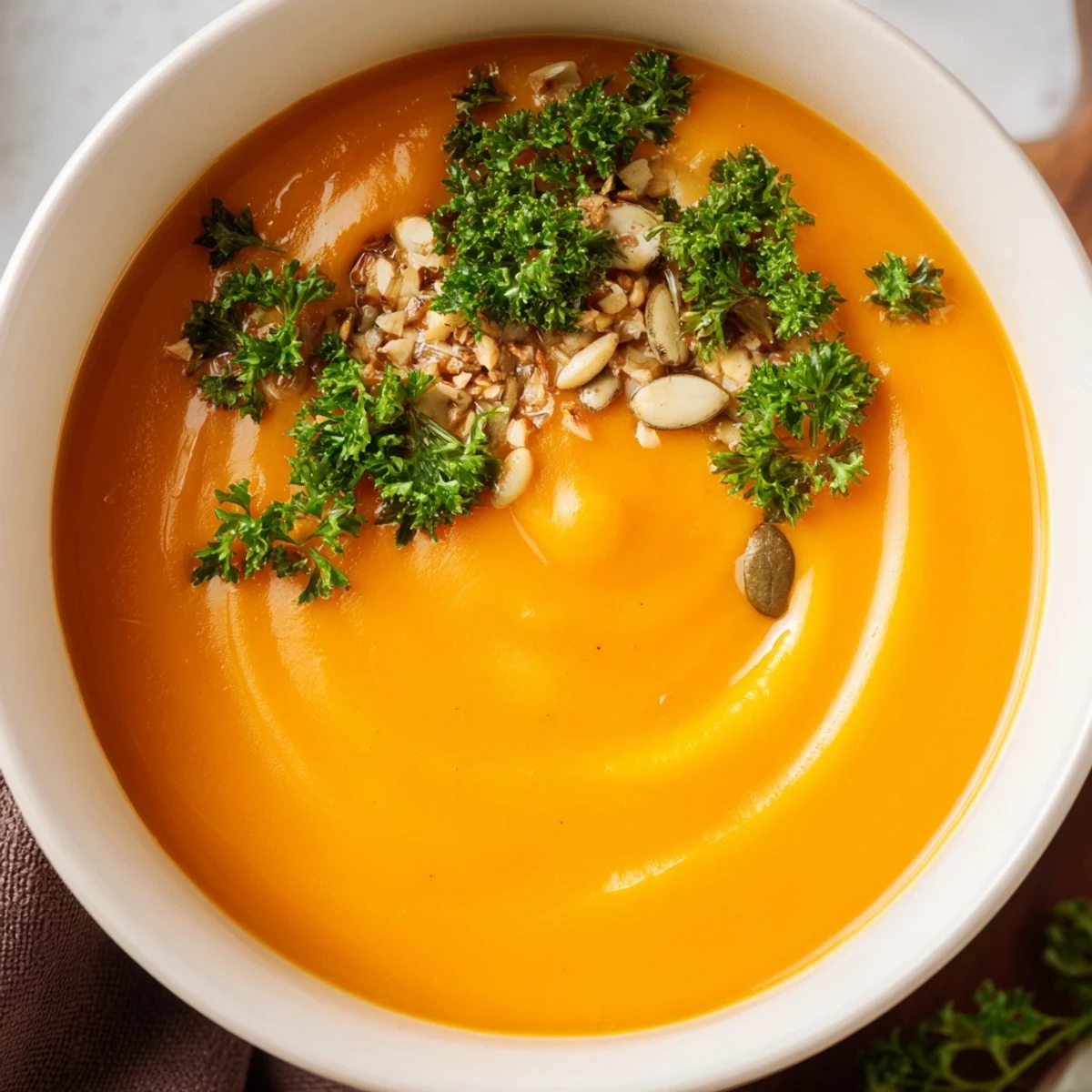 A colorful bowl displays the smooth, golden Butternut Squash & Pear Soup with toasted pumpkin seeds.