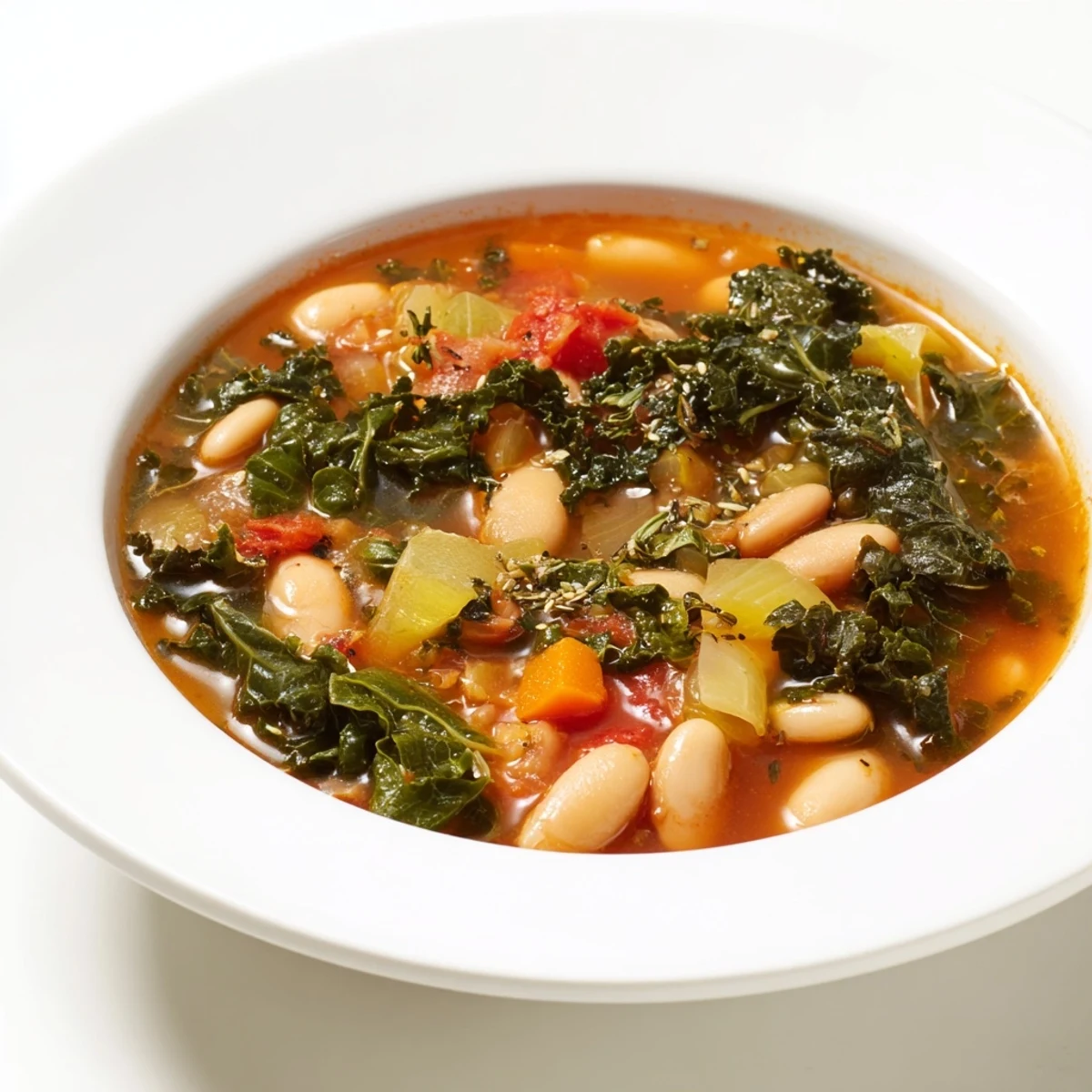 Steaming bowl of Italian Bean & Kale Stew, showcasing tender beans and vibrant green kale.