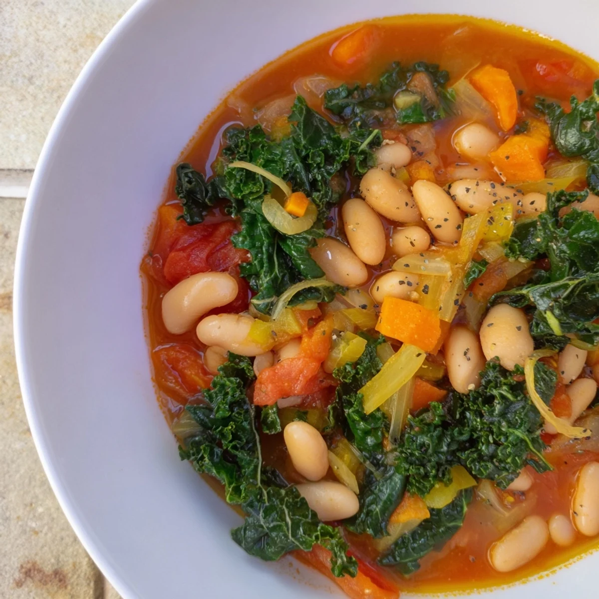 Enjoy the comforting aroma of Italian Bean & Kale Stew, perfect for a cozy, delicious dinner.