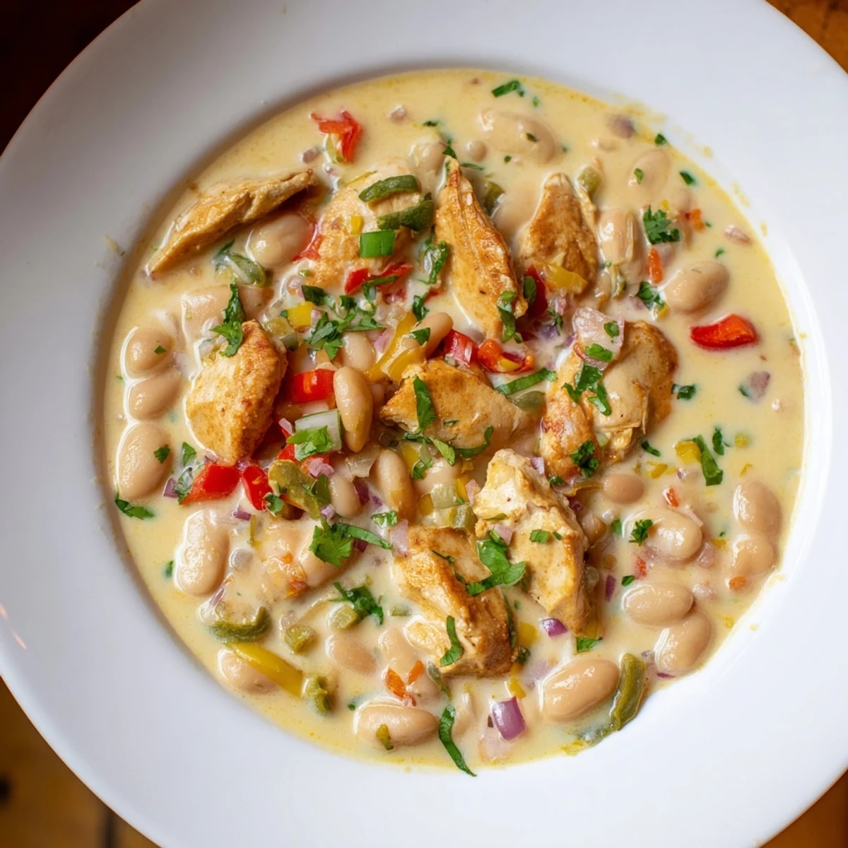 Close-up of Creamy White Chicken Chili, showing the beans, chicken, and a vibrant green garnish.