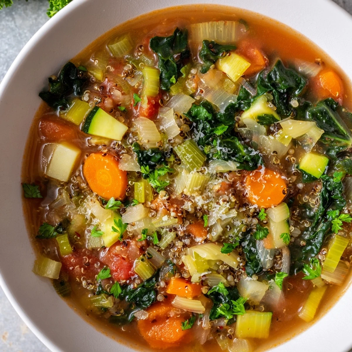 Savory Italian Minestrone with Quinoa, featuring vibrant greens and hearty vegetables in the soup.