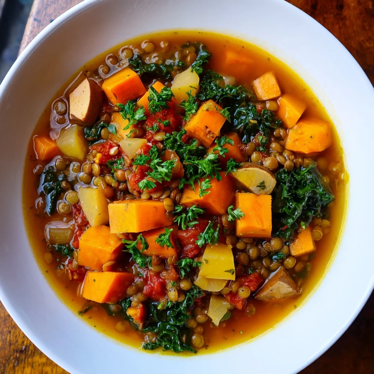 A steaming bowl of Winter Vegetable & Lentil Soup with colorful vegetables, a comforting, hearty meal.