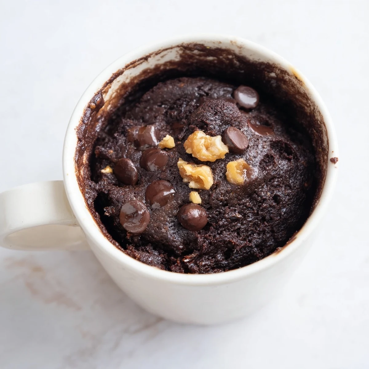 Warm, gooey microwaved mug cake, perfect for a fast chocolate dessert craving.