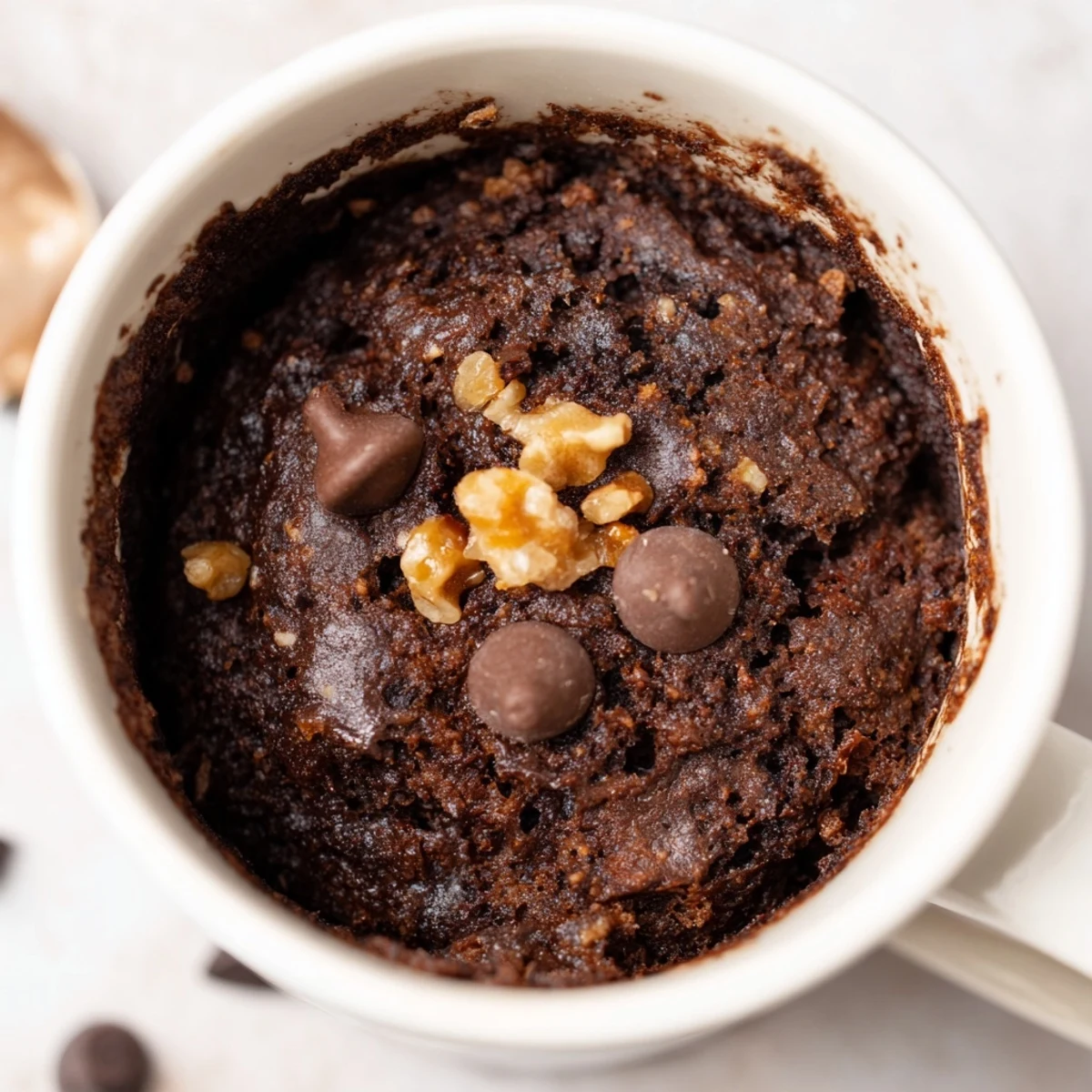 A delicious solo serving of chocolate microwaved mug cake, topped with optional chocolate chips.