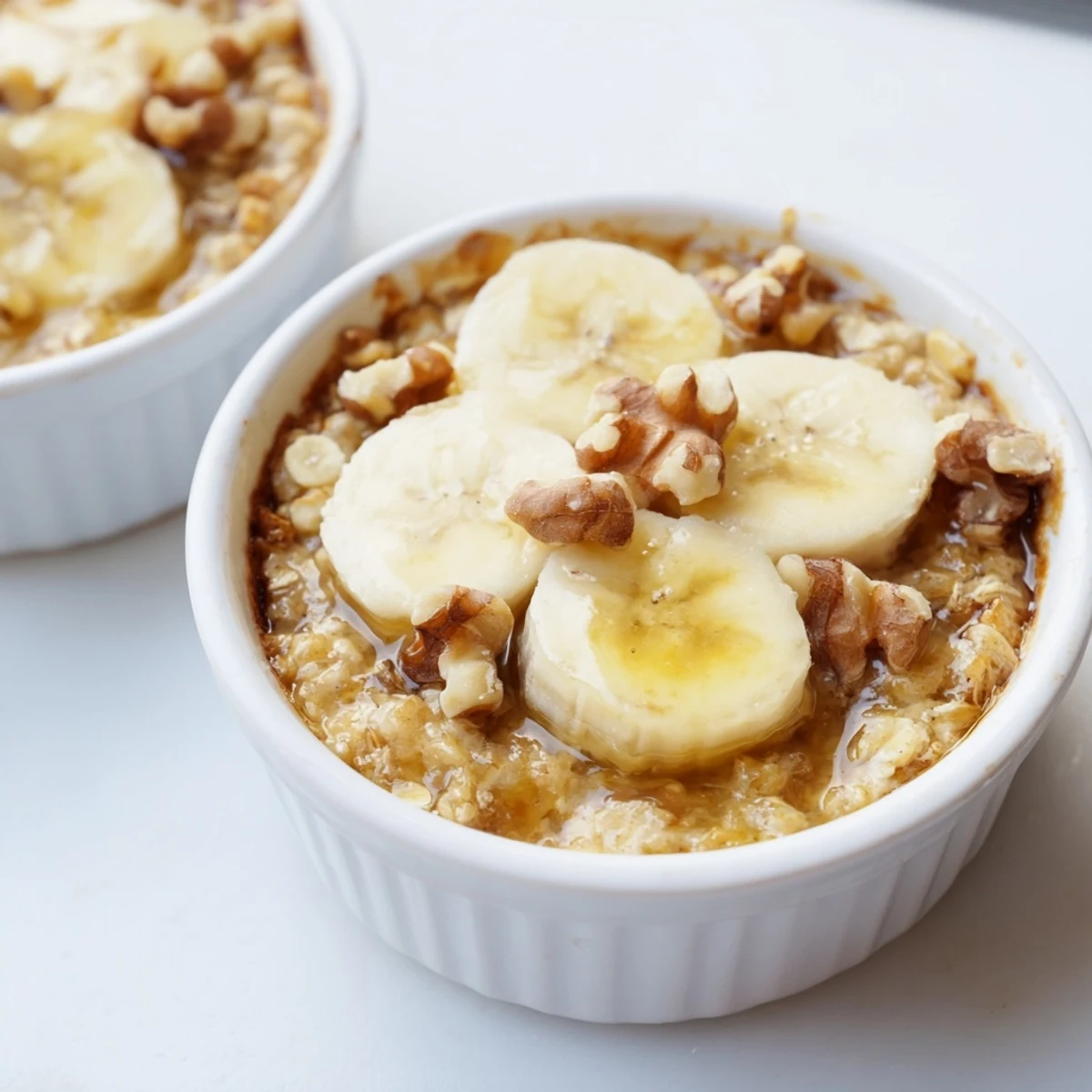 Fluffy, golden brown Baked Oats Ramekins with banana slices and a honey drizzle, ready to eat.