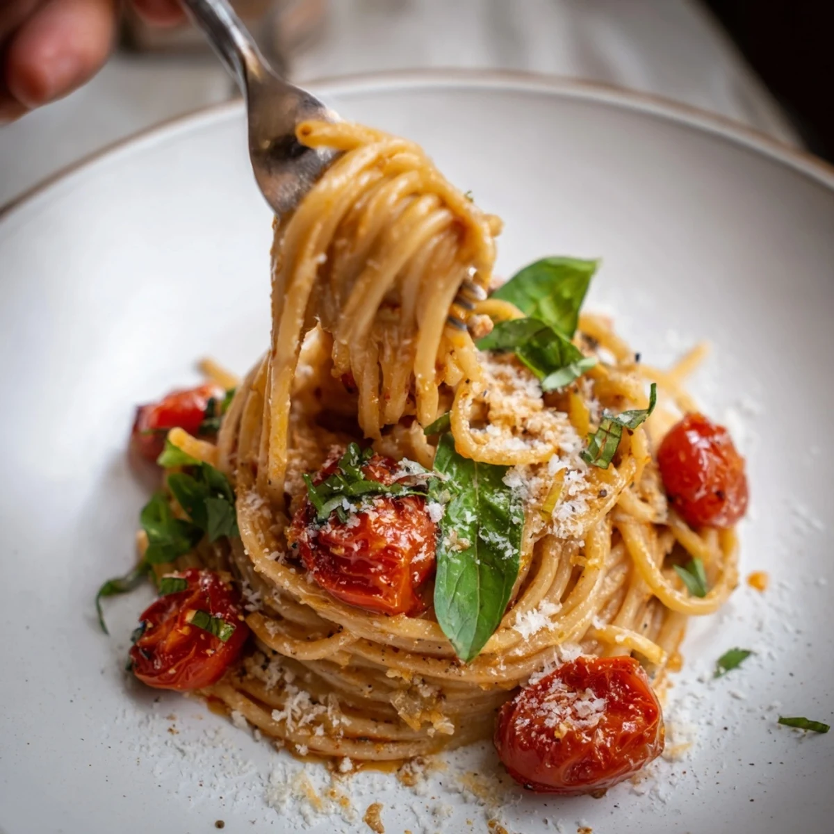Steaming bowl of Lazy-Girl Pasta, glistening with Parmesan, tomatoes, and fresh basil leaves.
