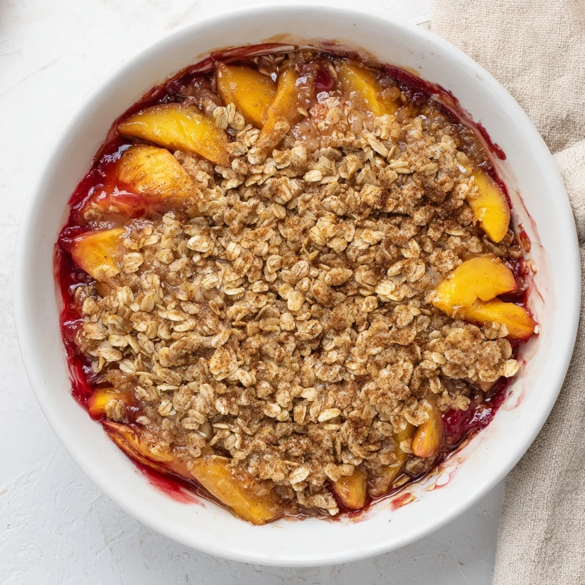 A close-up view of a homemade Fruit Crisp showcasing its sweet, juicy fruit filling and oat topping.