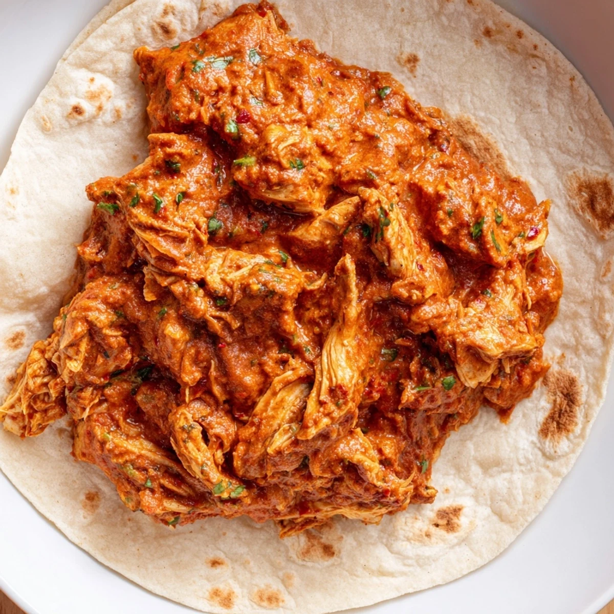 Tender, slow-cooked Sticky Chicken Tikka Masala Tacos, topped with vibrant cilantro and red onion.