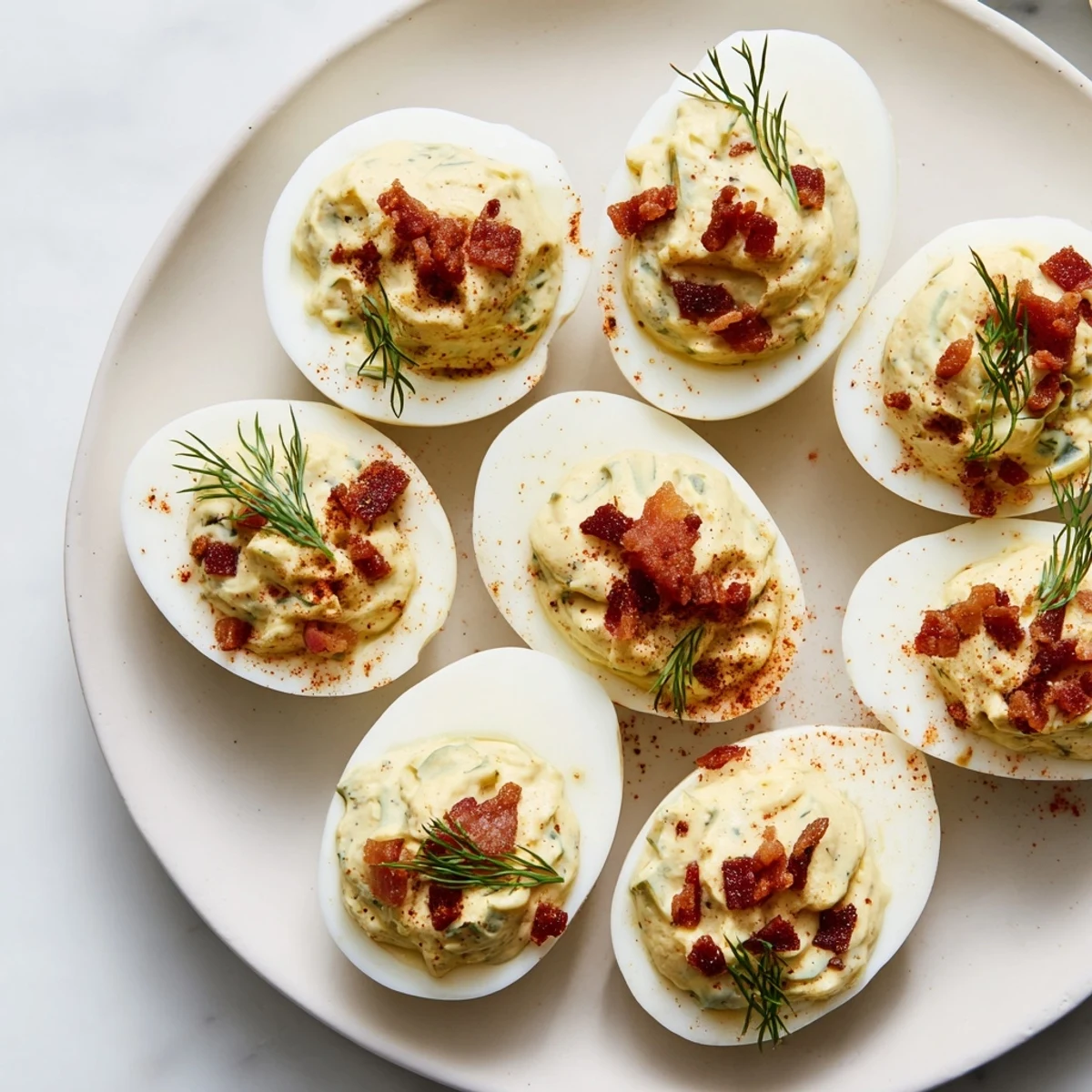 Homemade loaded deviled eggs, perfect for a party, featuring bacon and vibrant herb toppings.