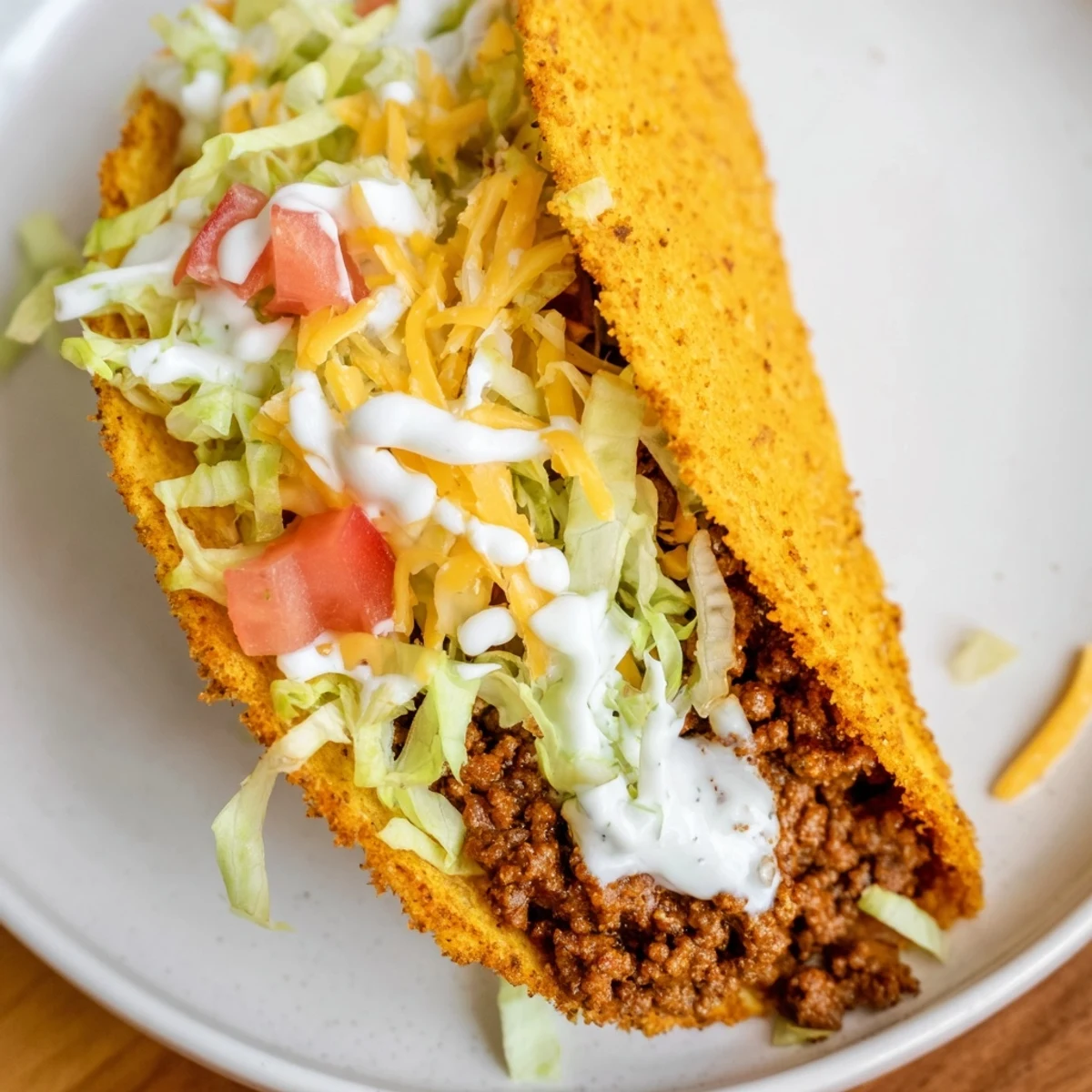 Textured, colorful Cheesy Gordita Crunch tacos, layered with beef, lettuce, and cheese, ready to eat.