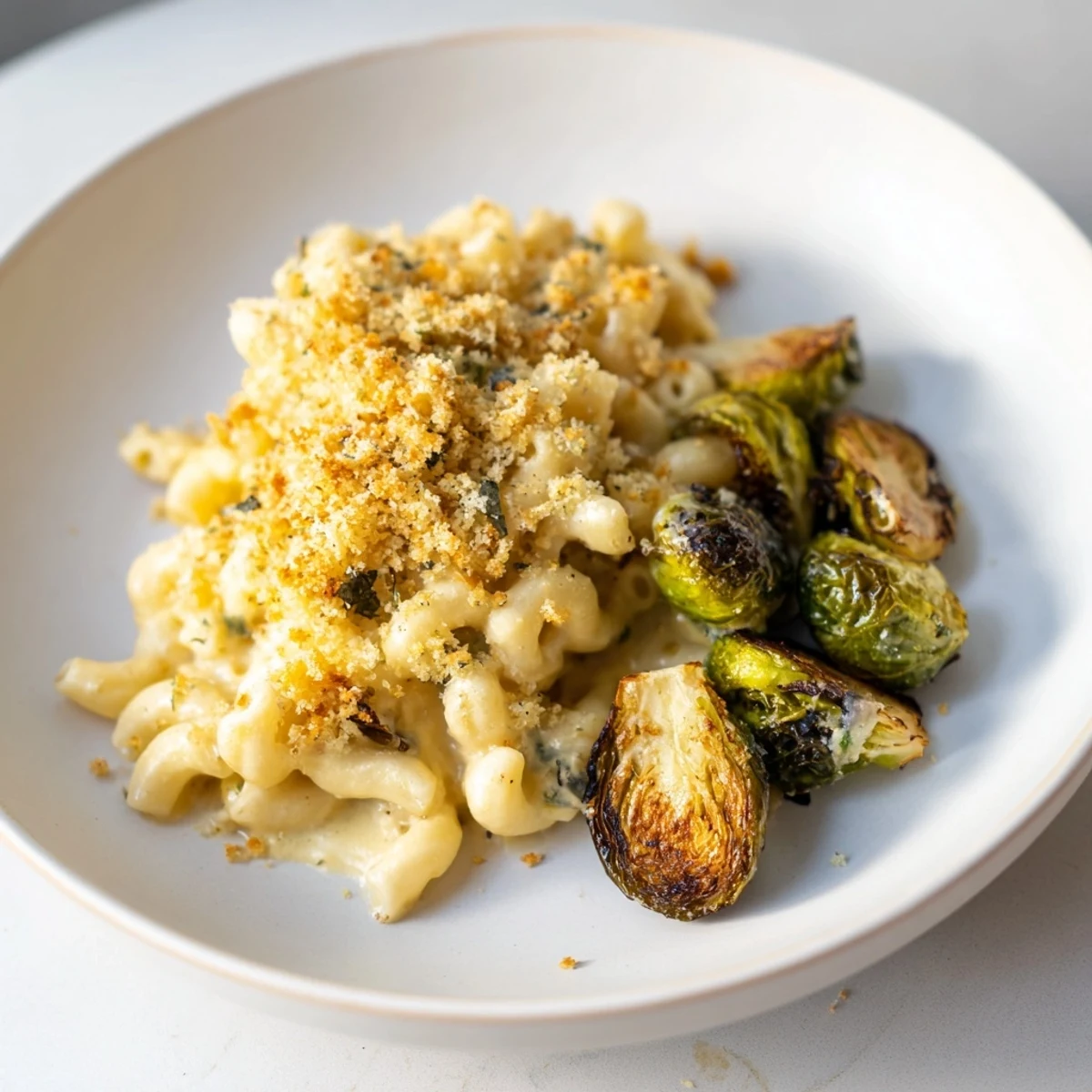 Golden, bubbly baked sheet pan mac and cheese with roasted Brussels sprouts, ready to serve hot.