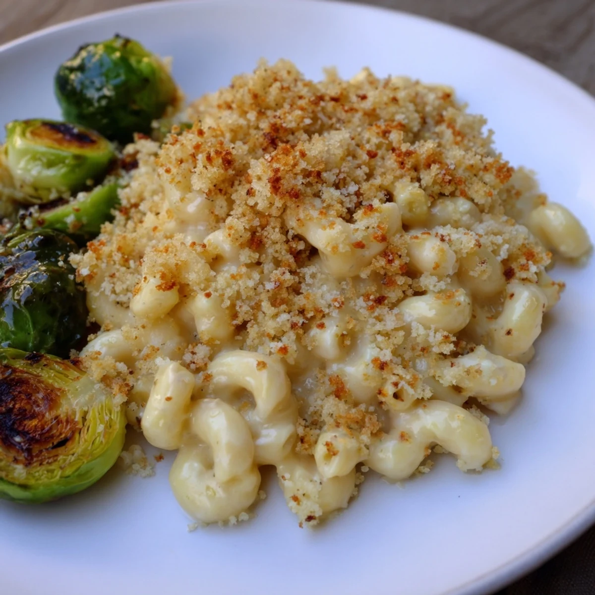 Sheet pan mac and cheese with crispy breadcrumb topping, alongside savory roasted Brussels sprouts, delicious!