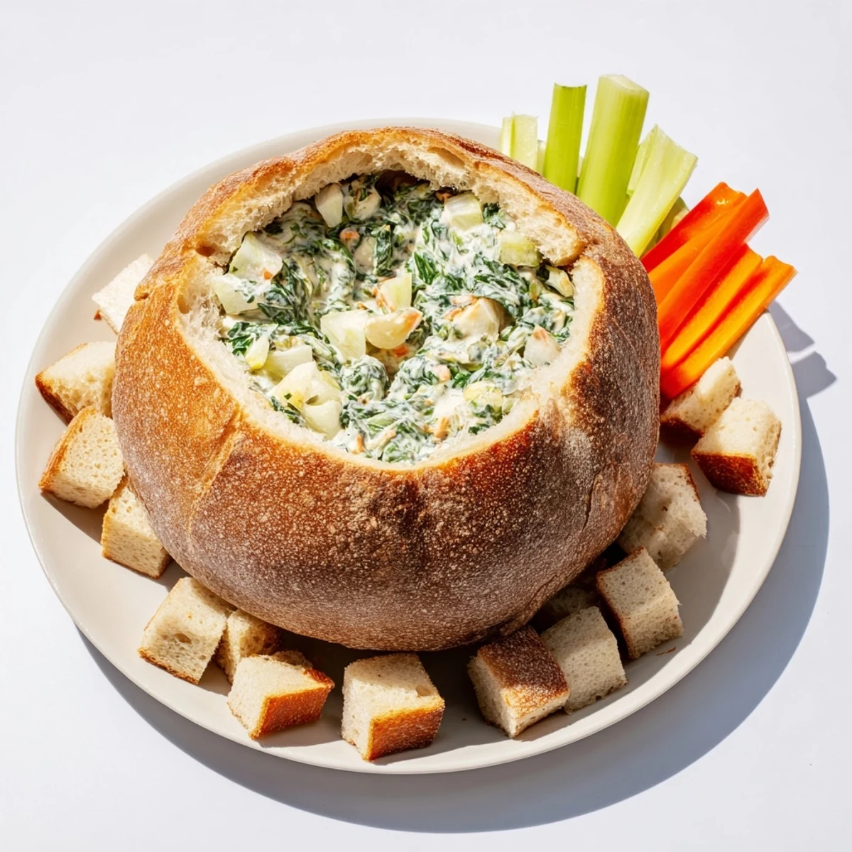 A warm, crusty bread bowl filled with creamy The Best Spinach Dip Ever, ready to scoop.
