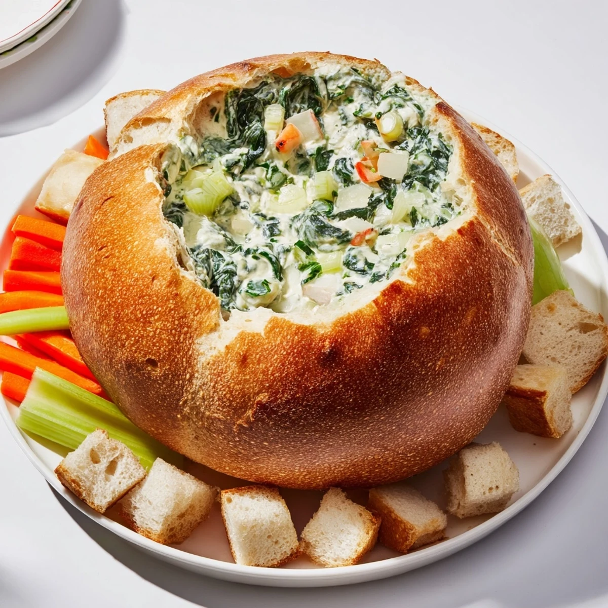 This vibrant photo shows a delicious The Best Spinach Dip Ever, surrounded by fresh veggies and bread.